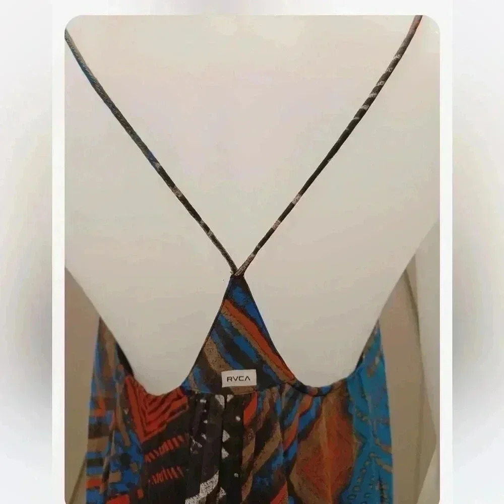 RVCA Maxi Multicolour Geometric Boho Flowy Spaghetti Strap Dress Size Medium - Picture 6 of 10